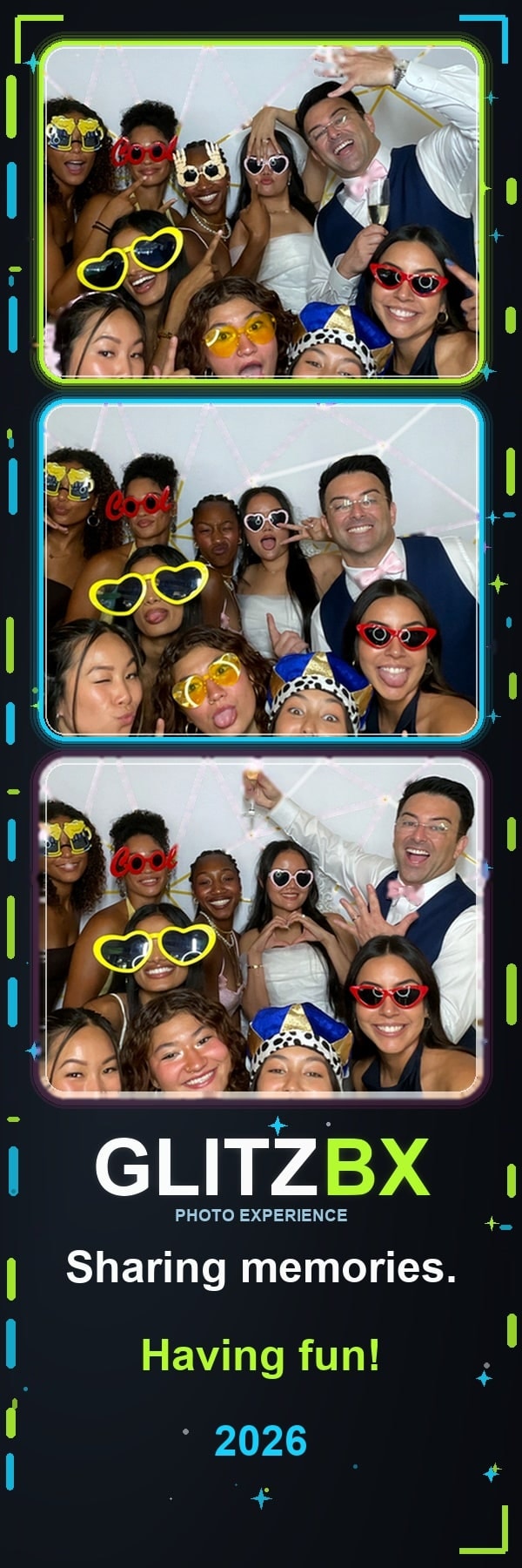 GLITZBX 2×6 photo strip of a wedding party in party glasses