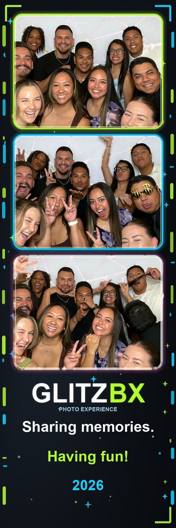 GLITZBX 2×6 photo strip of friends at a wedding