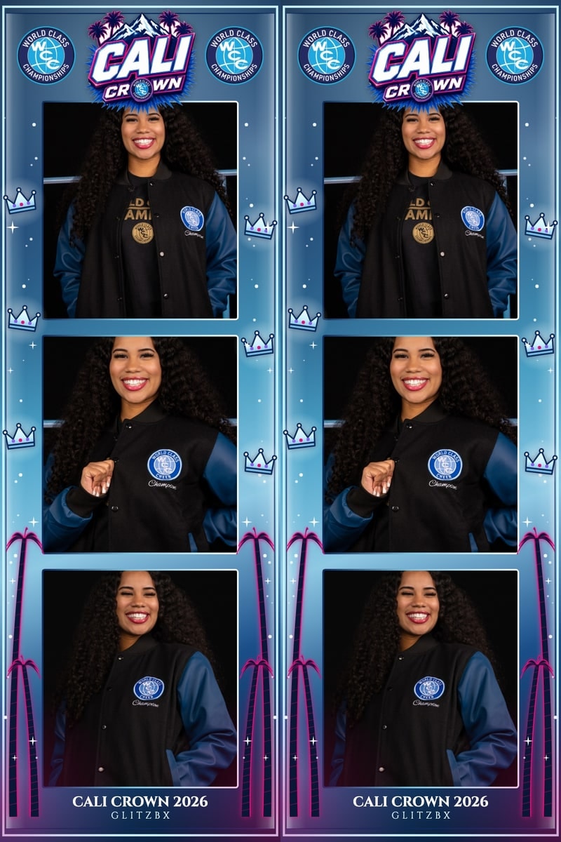 GLITZBX Cali Crown photo strips of a cheer athlete in her team jacket